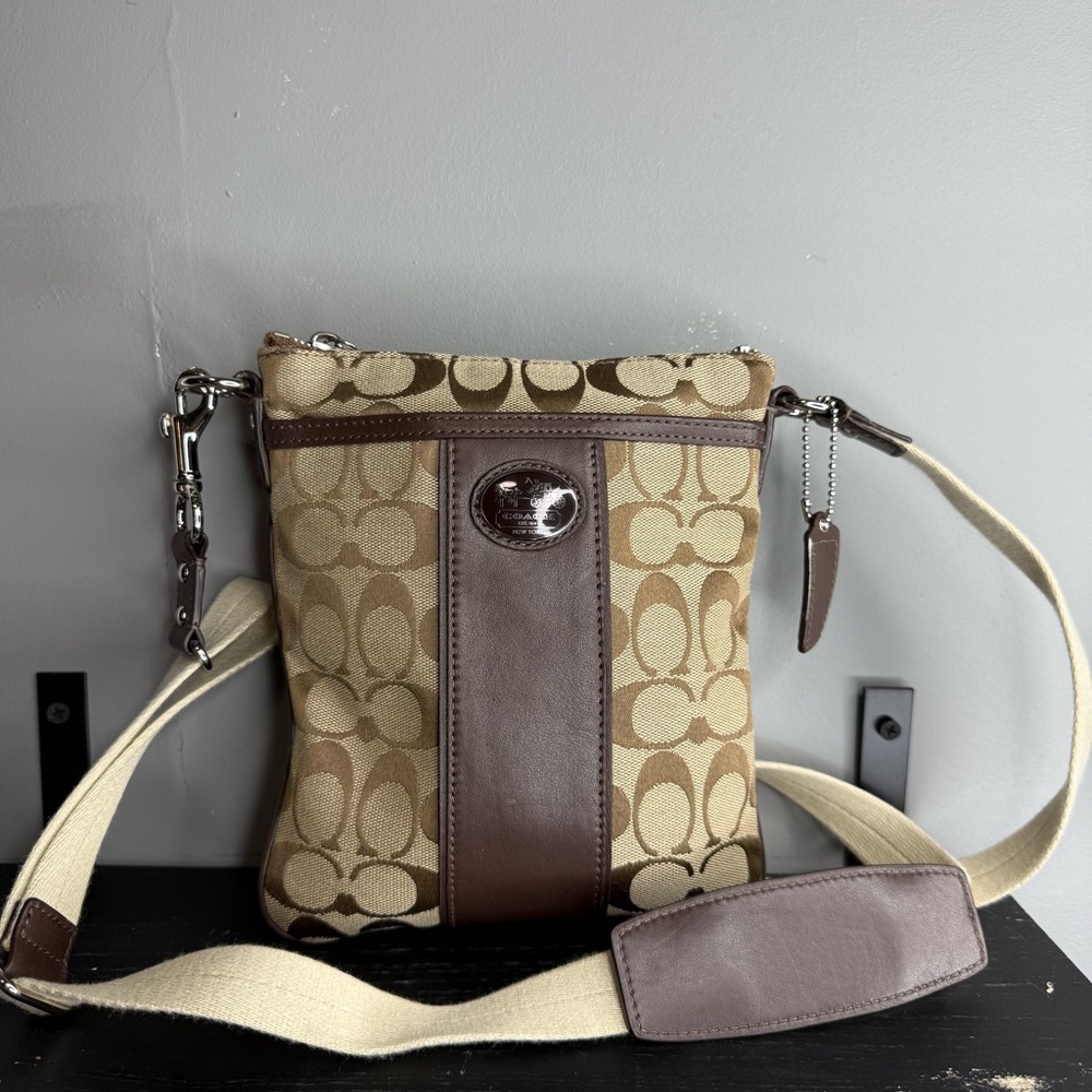 Coach Signature Canvas Crossbody in Tan with Brown Leather Trim